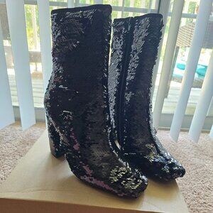 Steve Madden Womens Lynden Sequined Square Toe Mid-Calf Boots